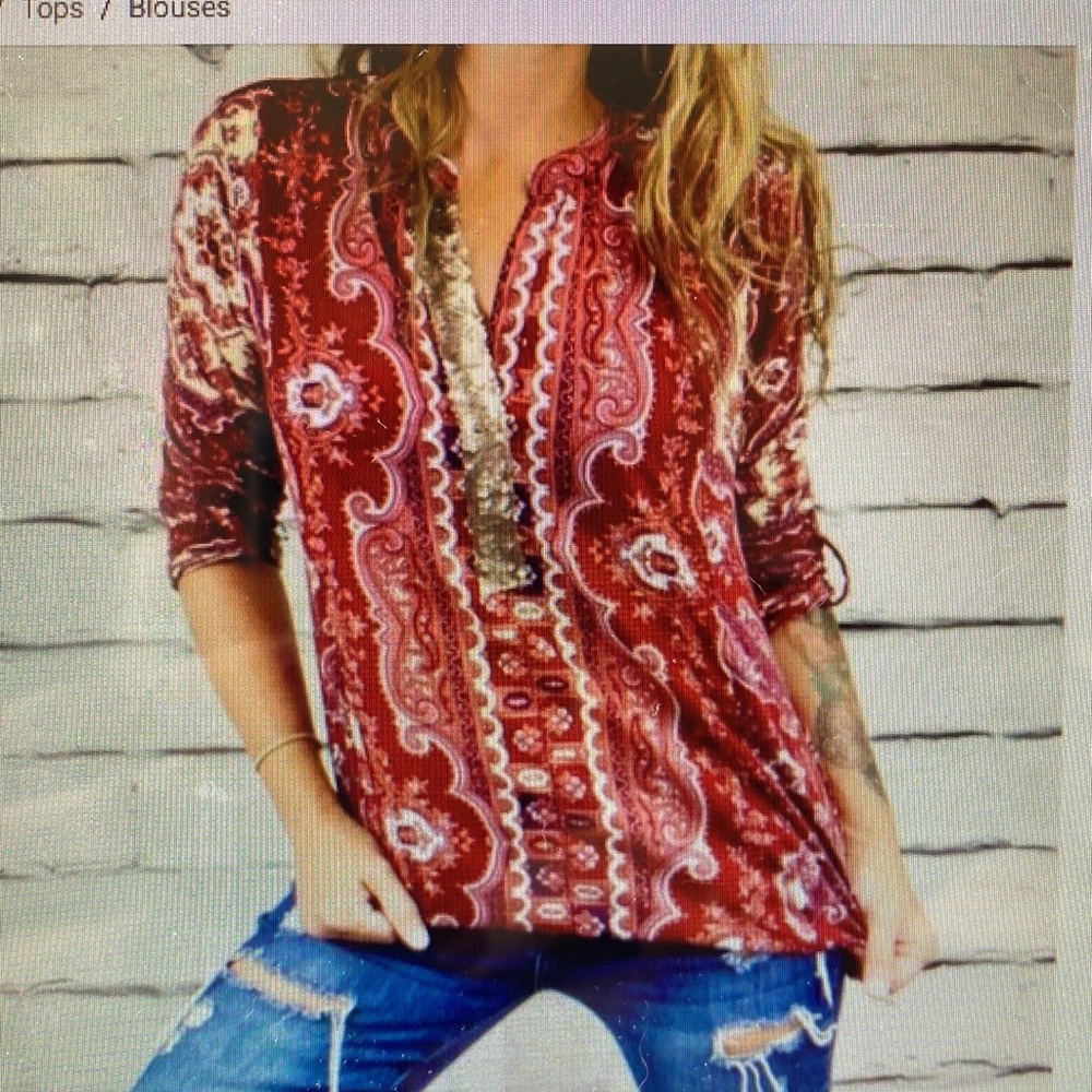 Anthropologie Tiny Red Paisley Sequin Blouse Size M